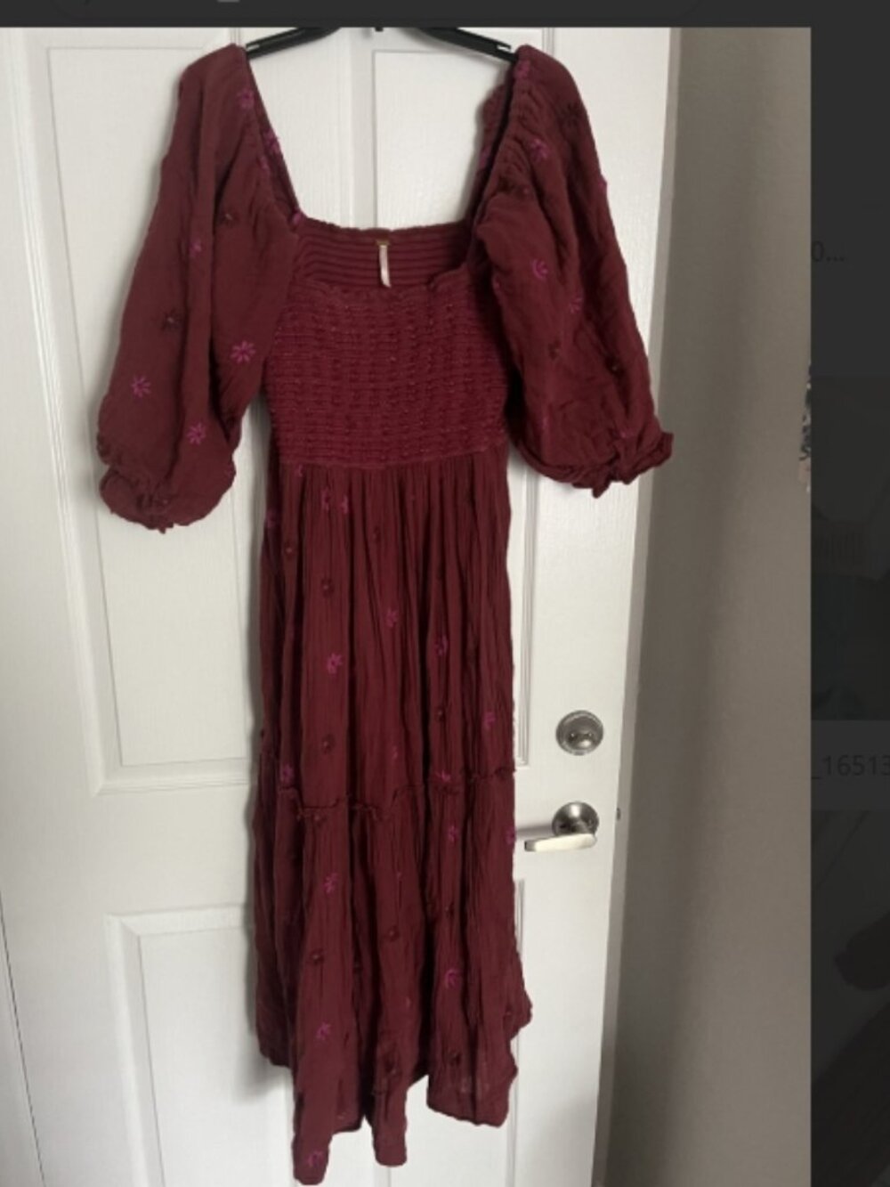 Free People Dahlia Embroidered Maroon Dress Gauzy Smocked Puff Sleeves sz lg - Picture 2 of 6
